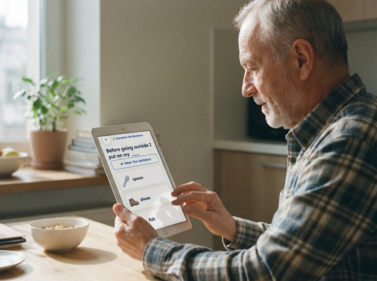 A man practising with Brain Coach on a tablet at his kitchen table