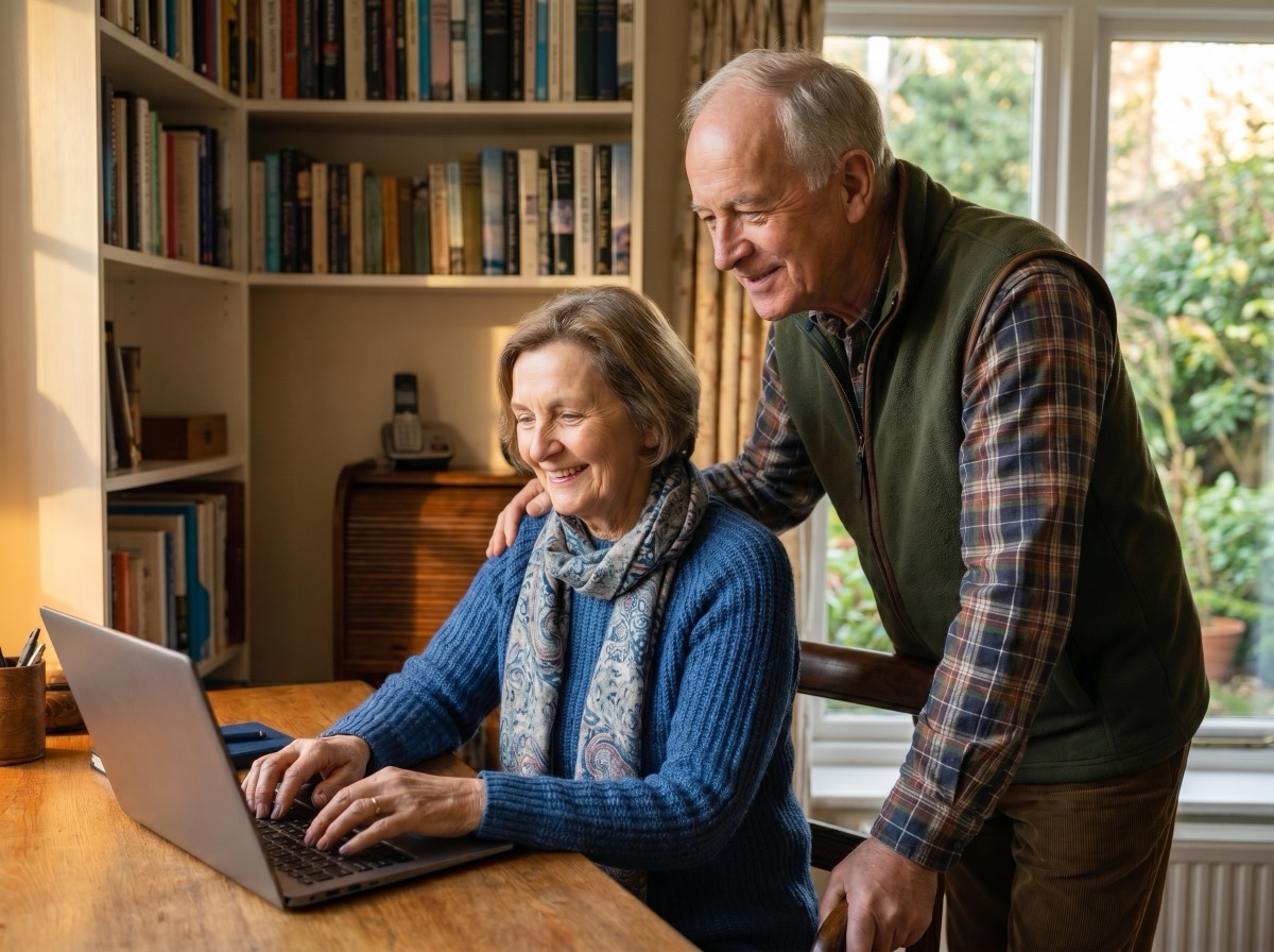 An older couple using Brain Coach together on a laptop at home