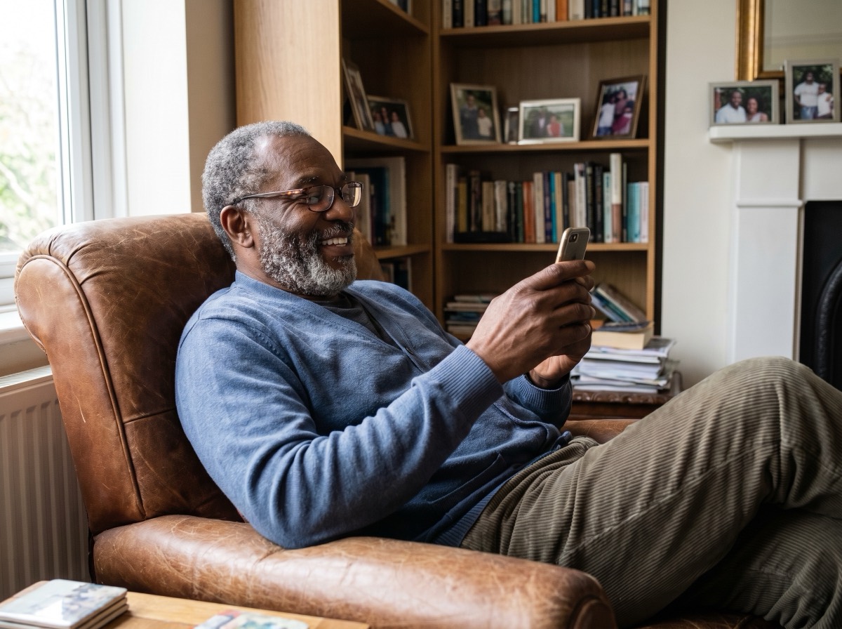 A man relaxing in an armchair, practising with Brain Coach on his phone